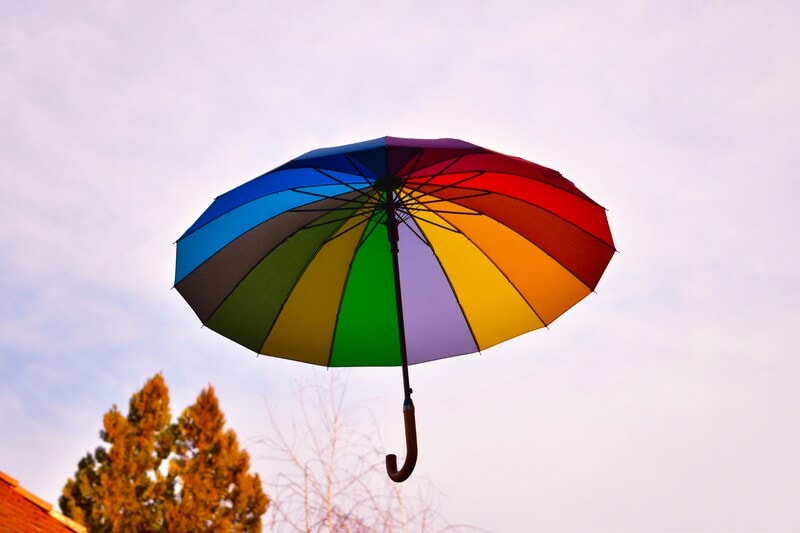 Colorful rainbow umbrella floating in the sky with trees below.