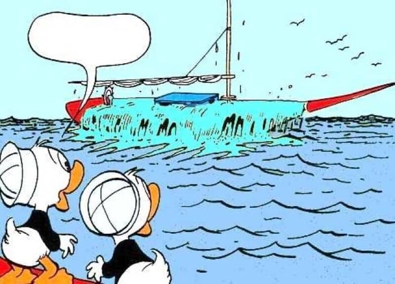 Ducks watching a sinking boat with a speech bubble above.