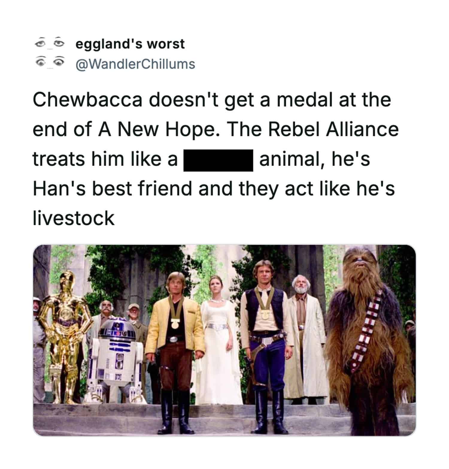 Chewbacca from Star Wars with other characters, no medal, Rebel Alliance scene.