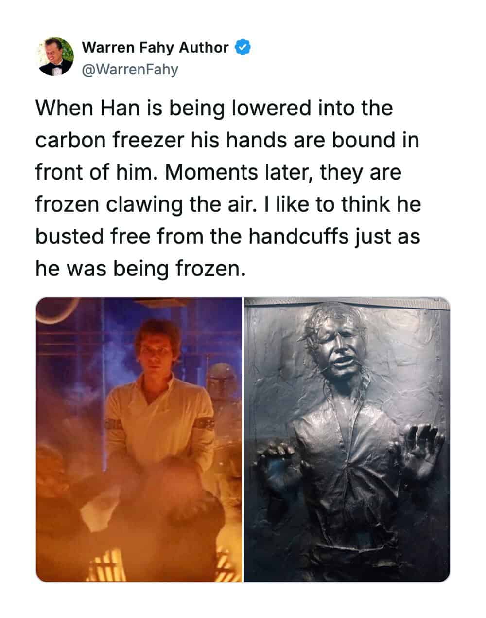 Han being lowered into the carbon freezer with hands bound, frozen in the process.