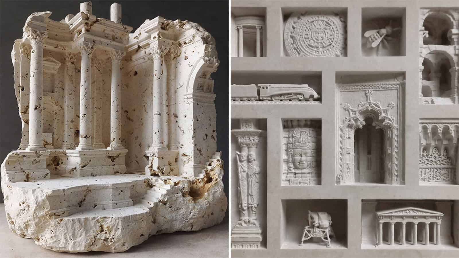 Stone sculpture of a classical building facade with columns and steps.