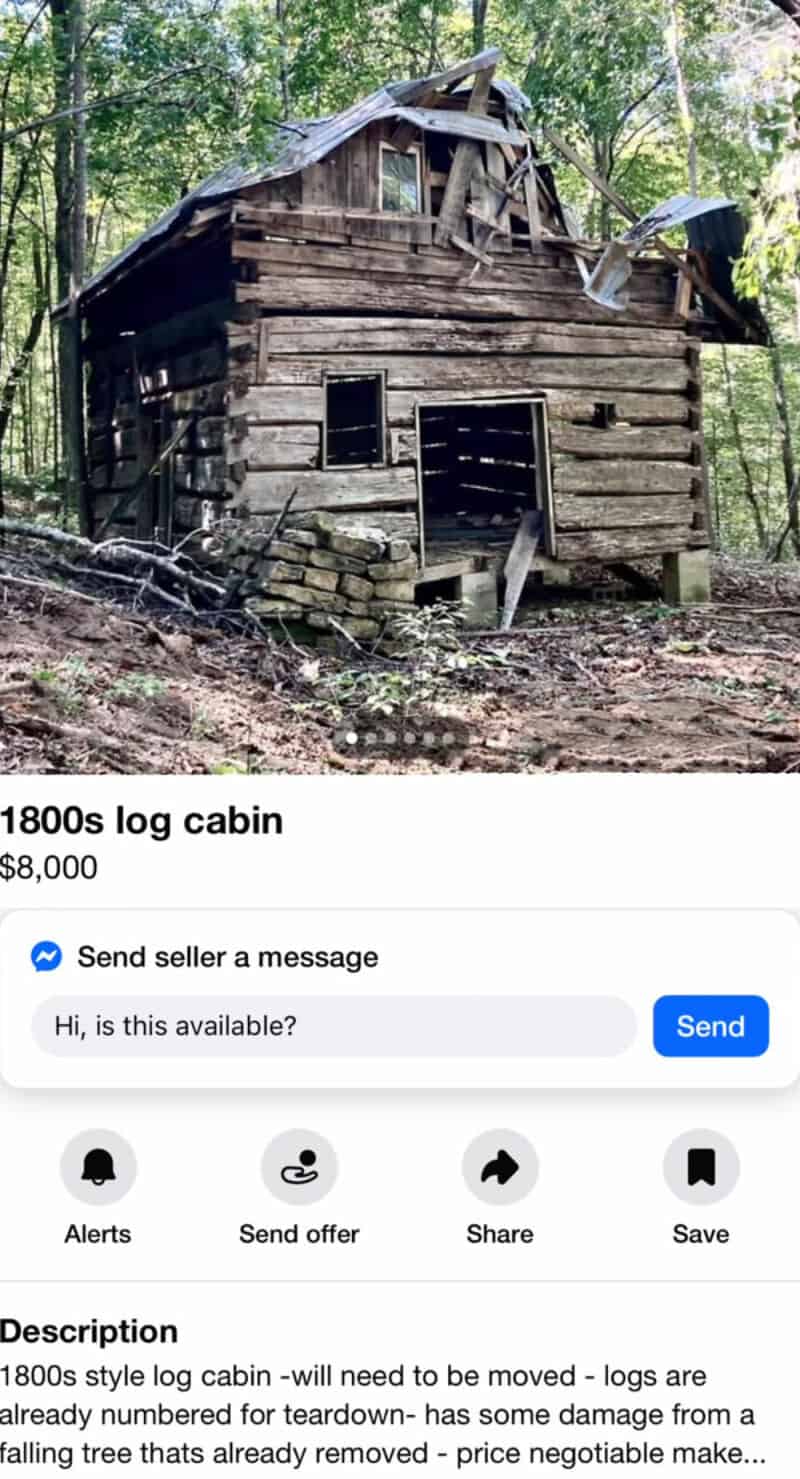 1800s log cabin with damaged roof and weathered wood in a wooded area.