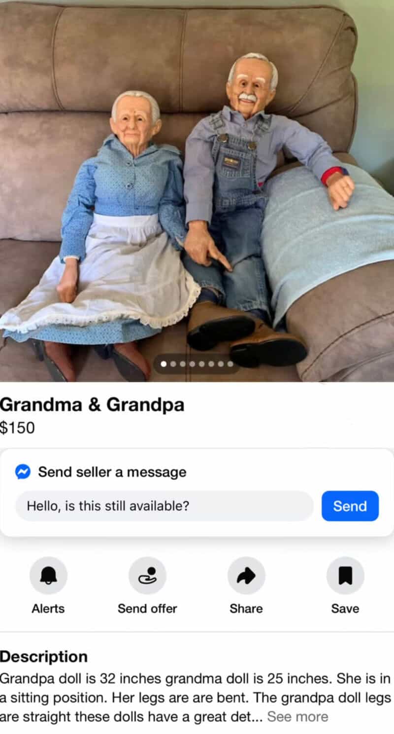 Grandma and grandpa dolls sitting on a couch, with a price of $150.