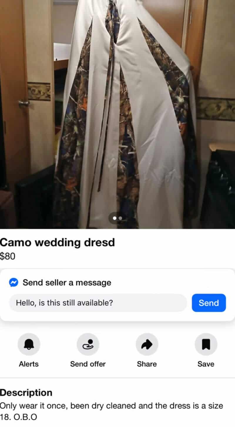 Camo wedding dress hanging on a door, priced at $80.