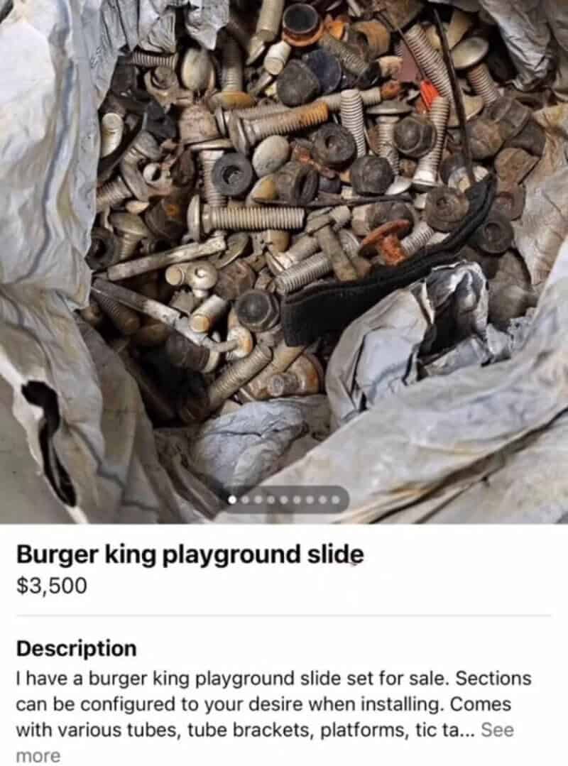 Rusty bolts, screws, and metal parts in a crumpled paper bag.