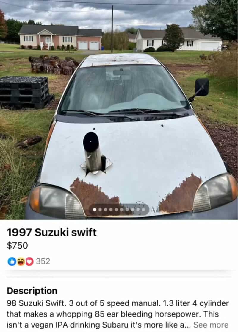 1997 Suzuki Swift with a makeshift exhaust pipe and rusted hood in a rural area.