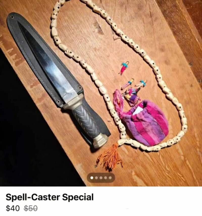 Spell-Caster Special with knife, beads, and small figurines on wooden surface.