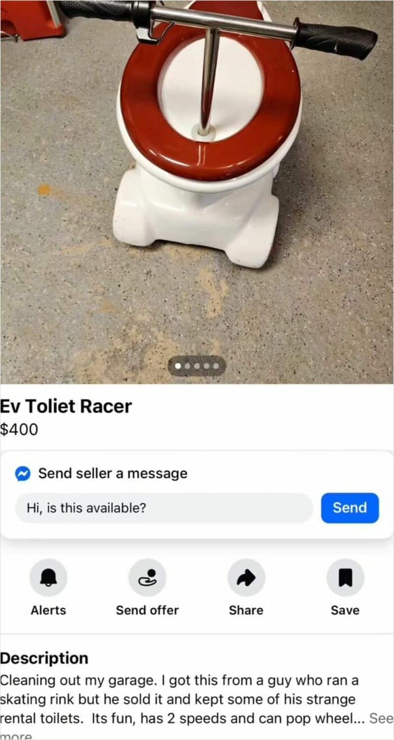 Toilet with a hockey stick inserted into the bowl, resembling a racing seat.
