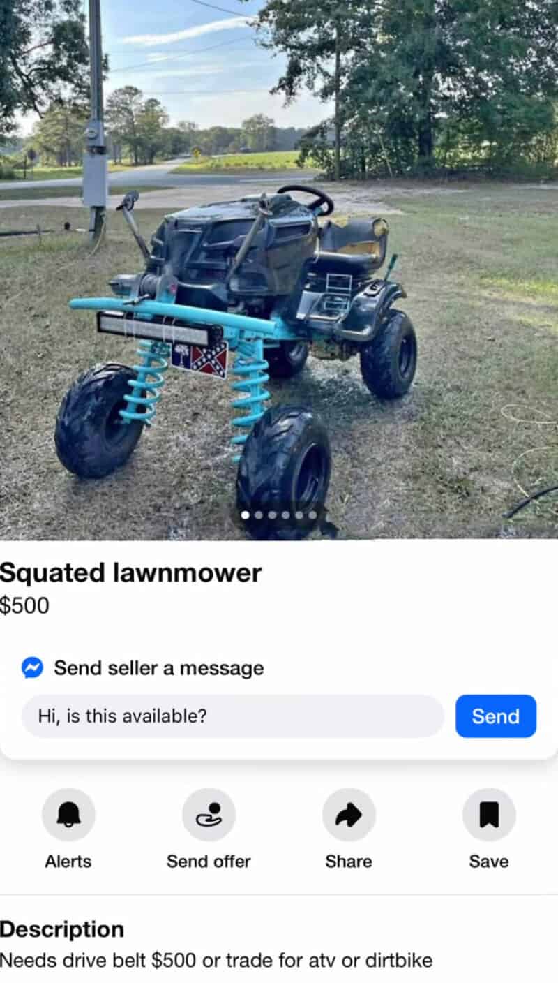 Squatted lawnmower for sale, $500, on a grassy area with trees in the background.