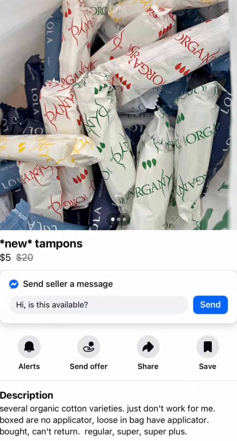Organic cotton tampons in colorful packaging, assorted types, on a store shelf.
