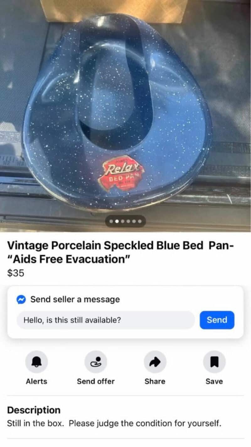 Vintage porcelain speckled blue bed with "Relax" label, for "Aids Free Evacuation".