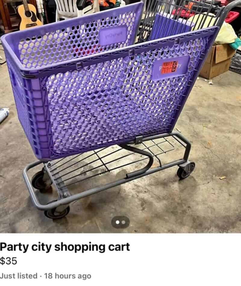 Party city shopping cart with purple baskets and black wheels.