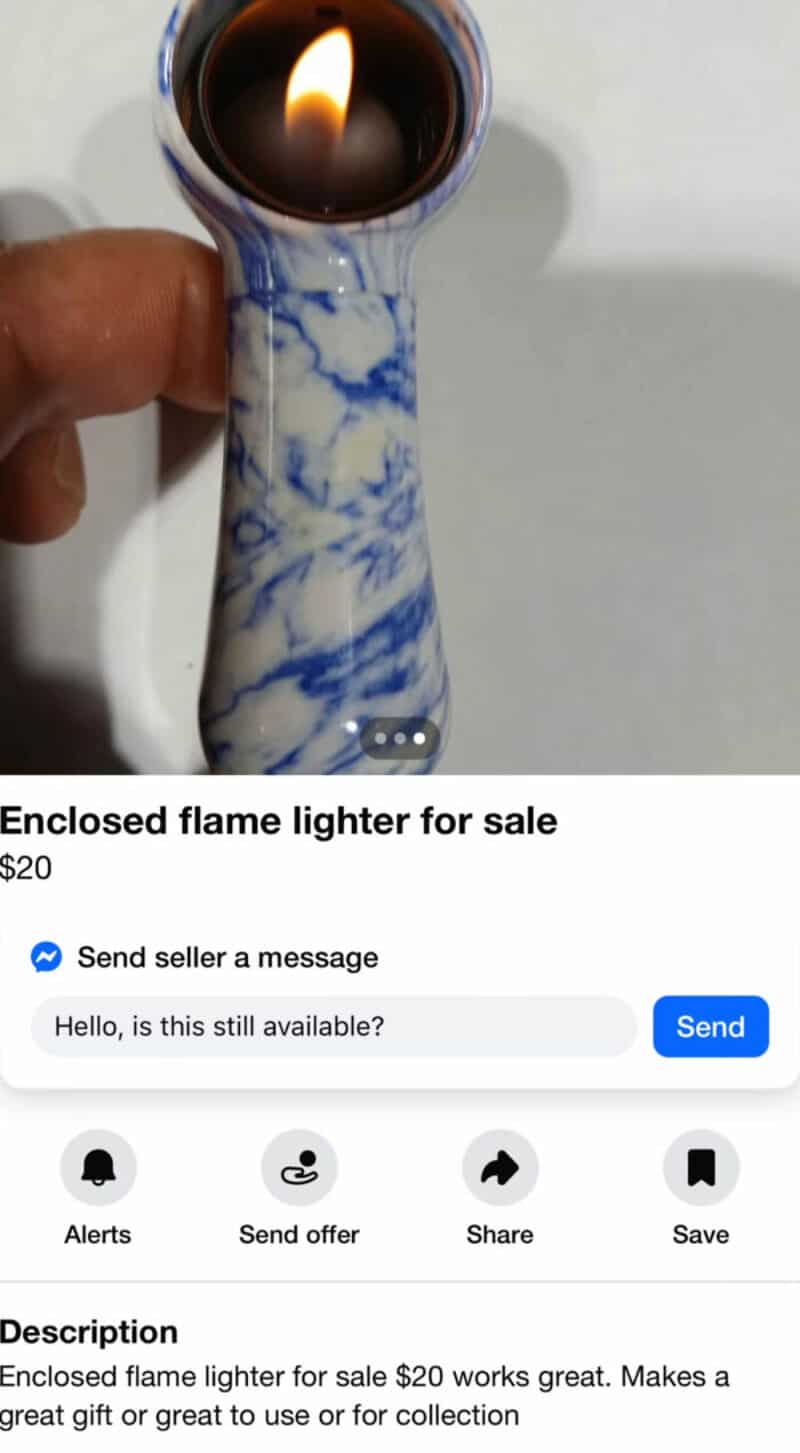 Enclosed flame lighter with blue and white marble design for sale, $20.