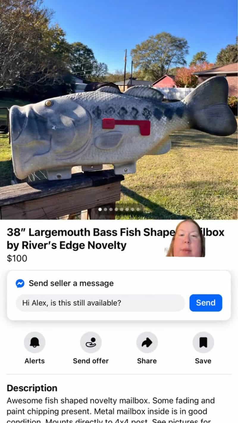 38" Largemouth Bass Fish Shaped Mailbox on a wooden stand in a grassy yard.