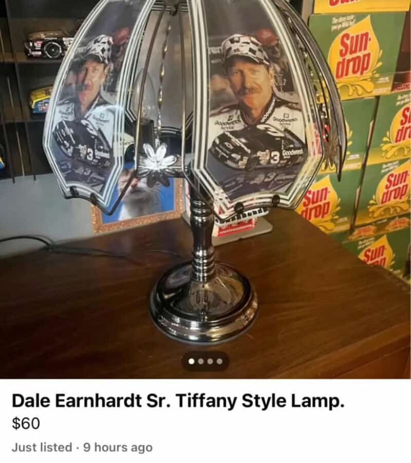 "Dale Earnhardt Sr. Tiffany Style Lamp with racing driver image, $60".