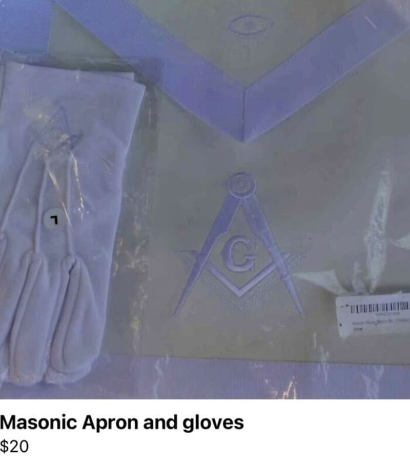 Masonic apron and gloves in plastic packaging, $20.