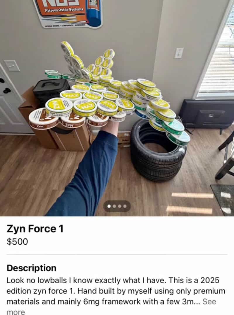 Zyn Force 1 nicotine pouches displayed on a person's hand in a room.