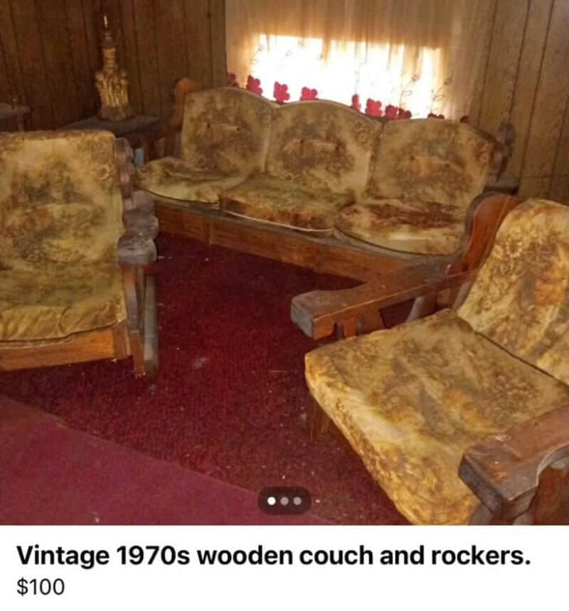 Vintage 1970s wooden couch and rockers.