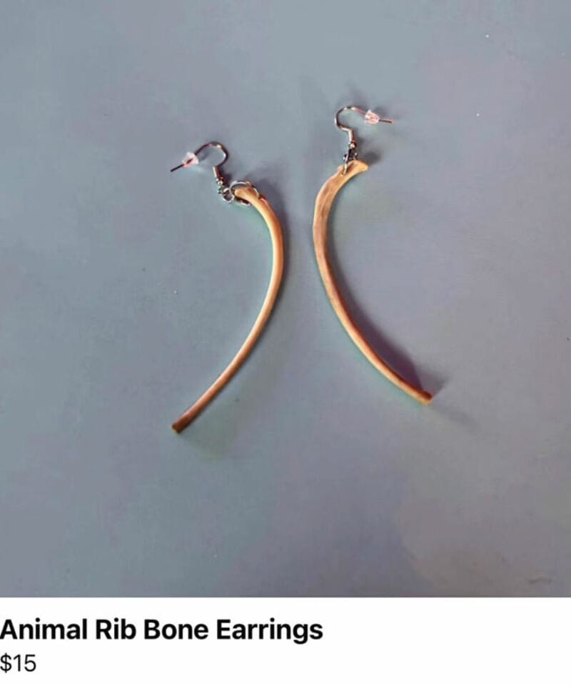 Animal Rib Bone Earrings with hooks, priced at $15.