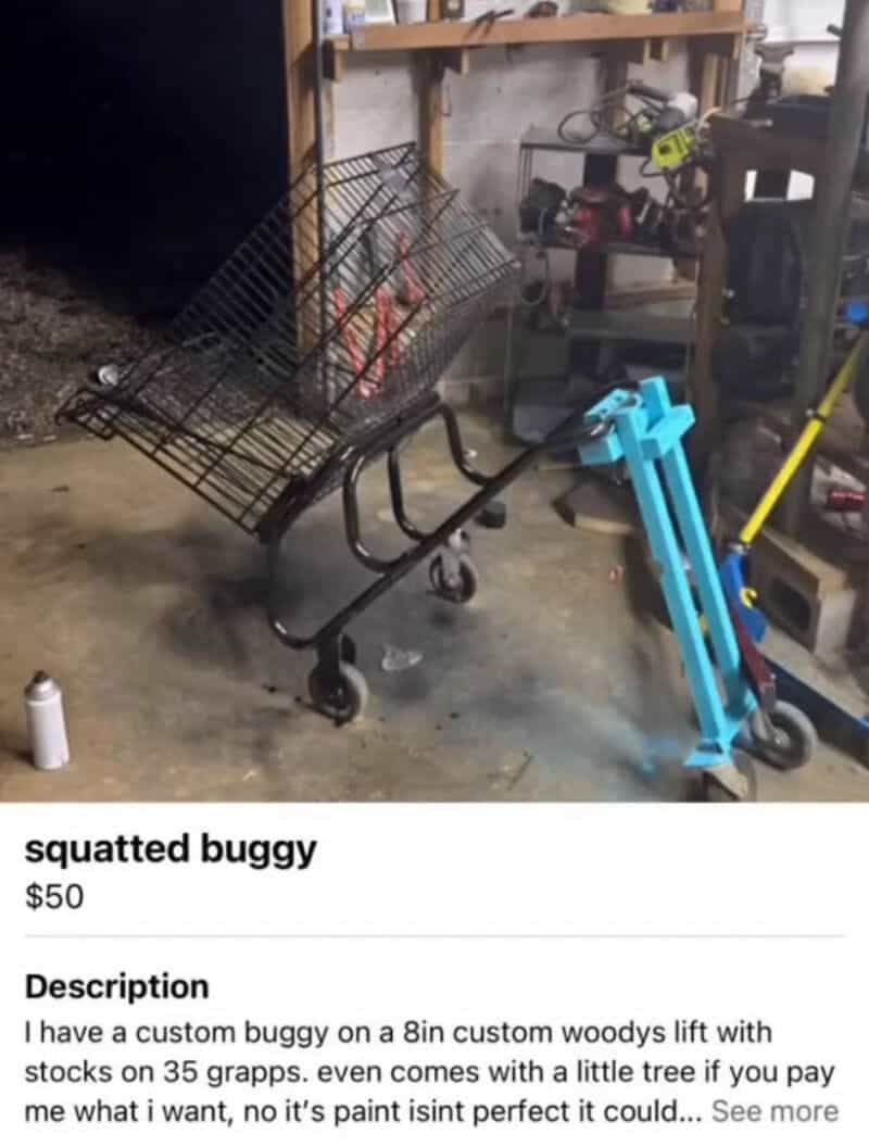 Custom buggy on an 8-inch woodys lift with a blue scooter in a workshop.