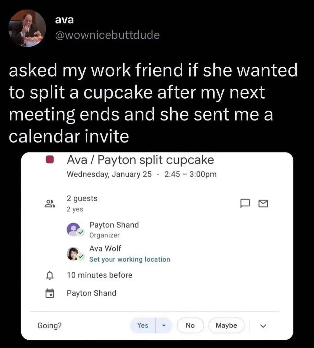 Conversation about splitting a cupcake after a meeting, with a calendar invite shown.