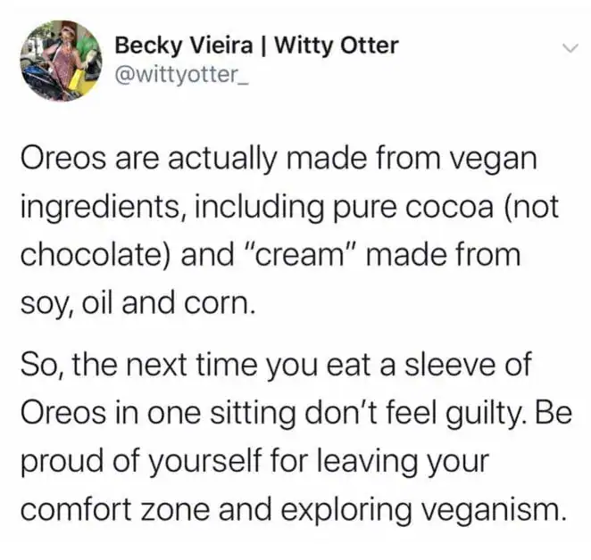 Oreo cookies made from vegan ingredients, including cocoa and cream from soy, oil, and corn.