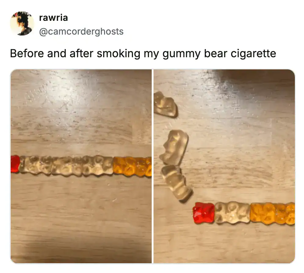 Before and after smoking my gummy bear cigarette, showing change in gummy bear arrangement.