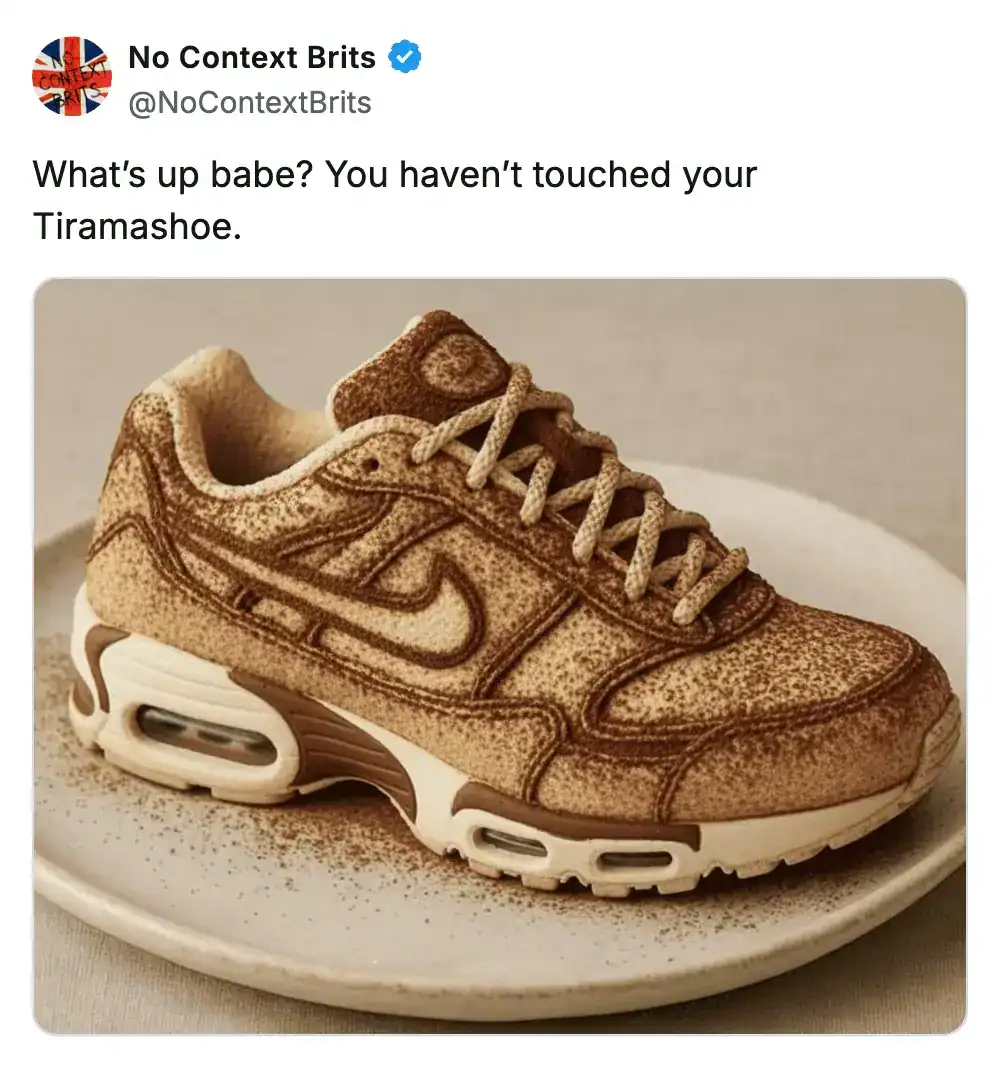 Shoe made of Tiramisu with coffee and cocoa powder, realistic dessert sneaker.