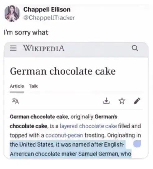 German chocolate cake Wikipedia page showing the origin of the cake and its name after Samuel German.