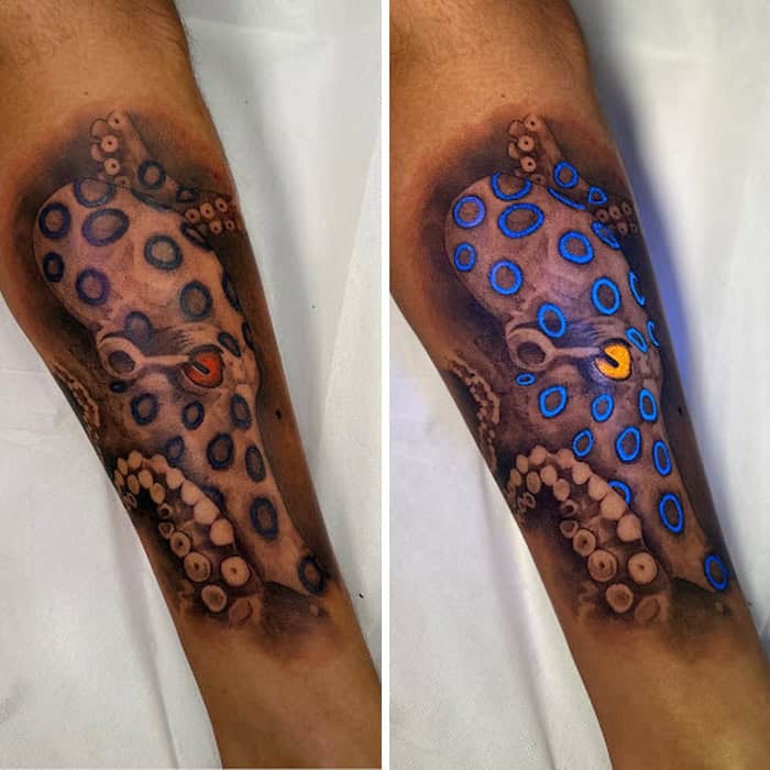 Tattoo of an octopus with blue ink that glows under UV light.