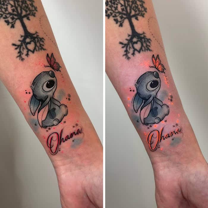 Tattoo of a cute gray bunny with a butterfly and the name 'Ohana' in red ink.