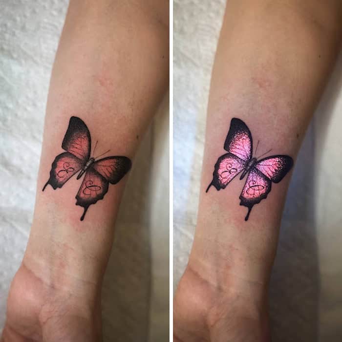 Butterfly tattoo before and after UV light reveals pink glow.
