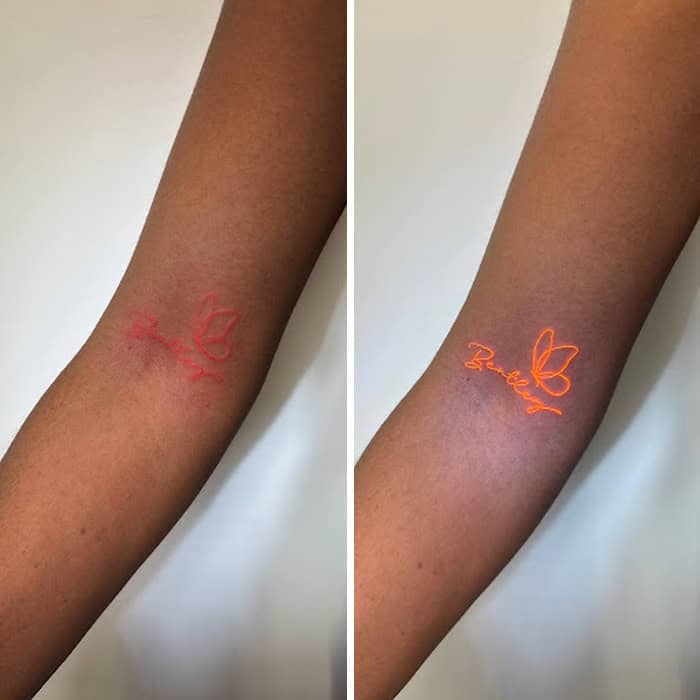 Tattoo of a butterfly and the word 'Daughter' in UV ink, shown before and after UV light.
