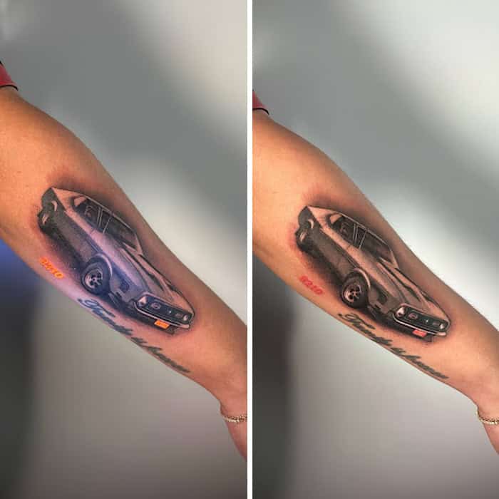 Tattoo of a classic car on a person's arm, shown under normal and UV light.