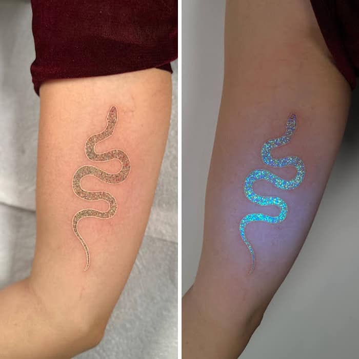 Snake tattoo that glows under UV light, shown before and after UV exposure.