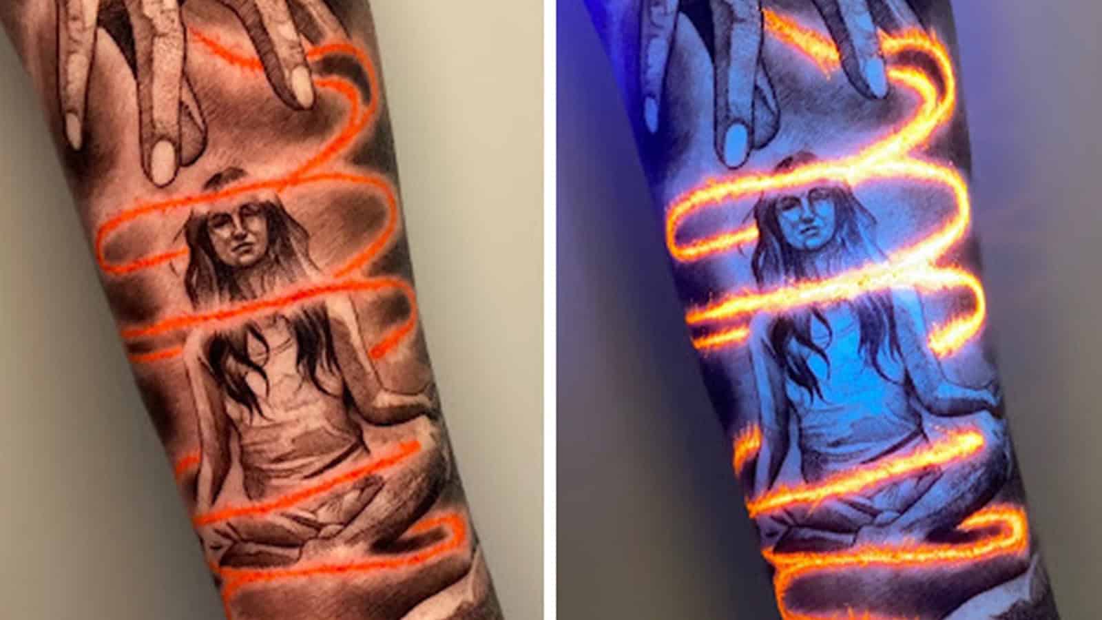 Tattoo of a woman with glowing orange and blue ink under UV light.