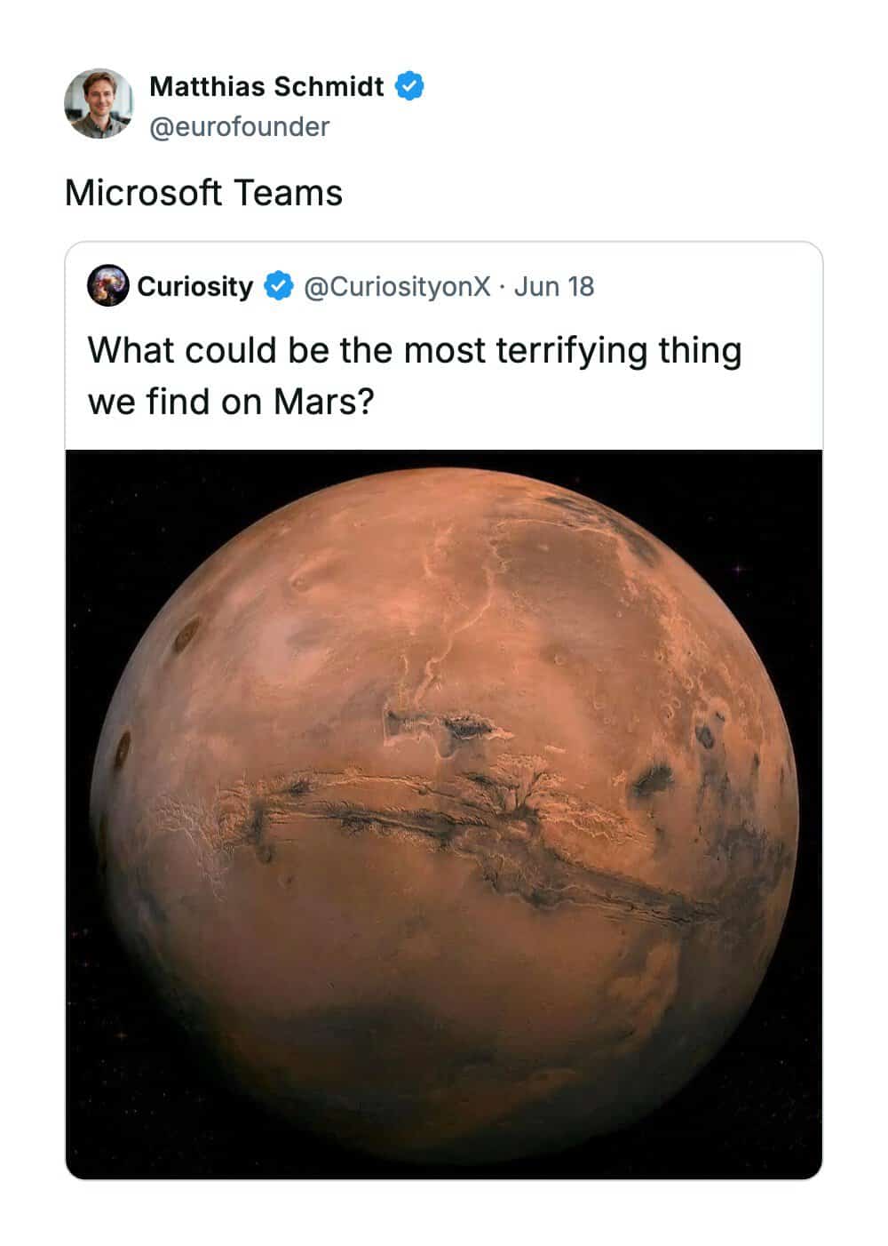 Microsoft Teams post about Mars with an image of the planet Mars.