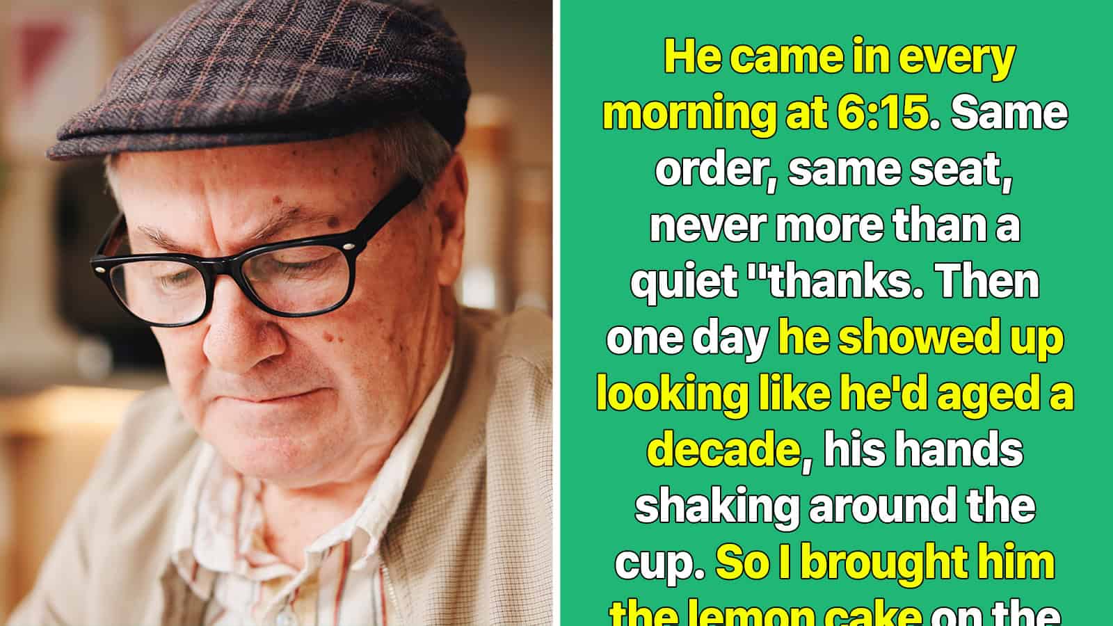 Elderly man with glasses and cap, looking down, with a green background and yellow text overlay.