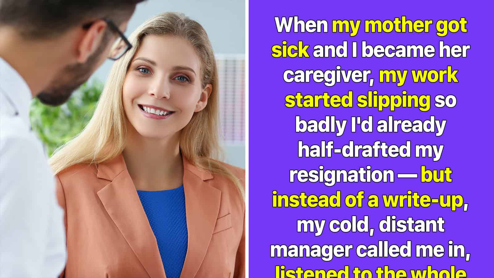 A young woman smiling while talking to a man, with a purple background and motivational text.