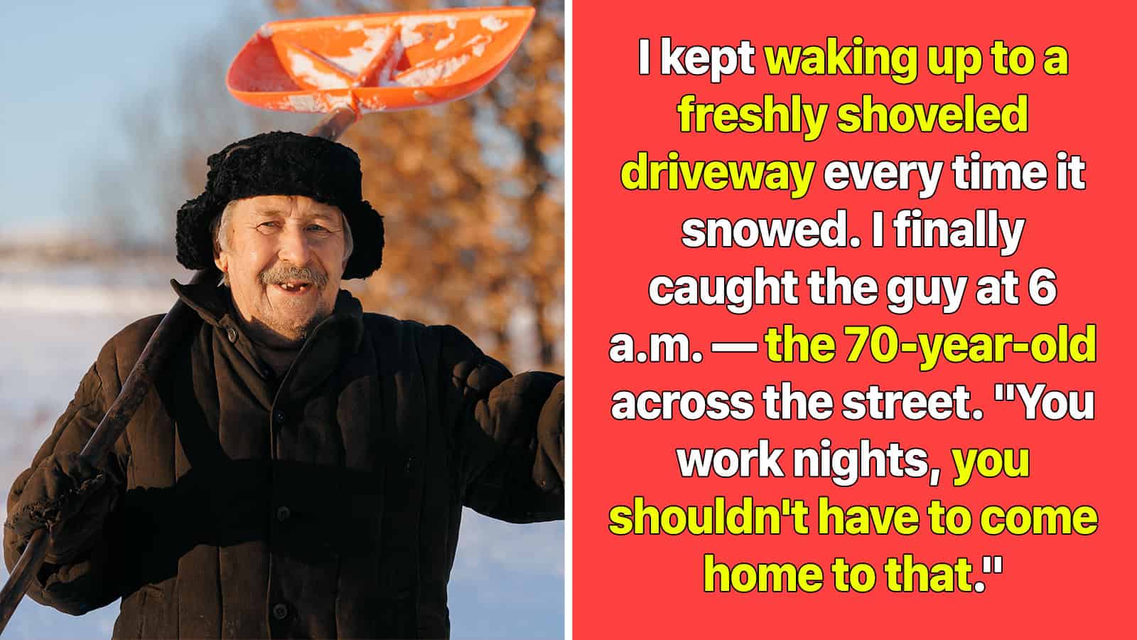 A man with a black wig and coat holding a snow shovel with an orange slice on top.