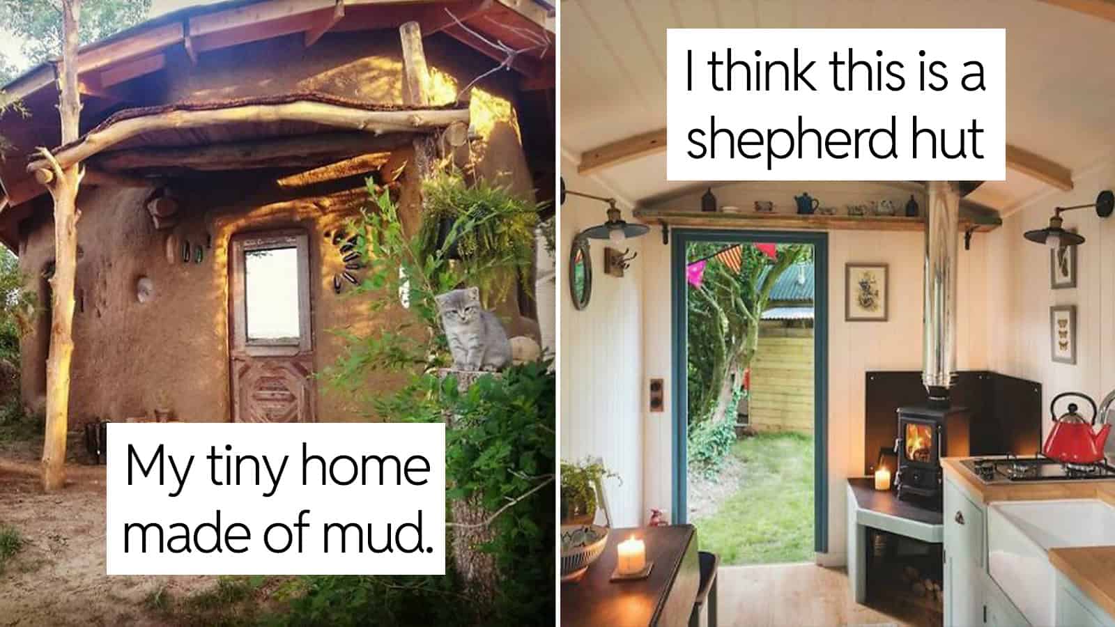 A tiny home made of mud with a small window and greenery outside.