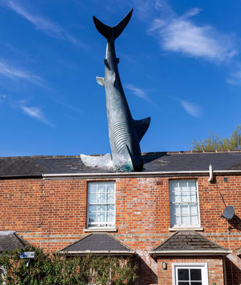 Large shark sculpture on rooftop of brick building under blue sky.