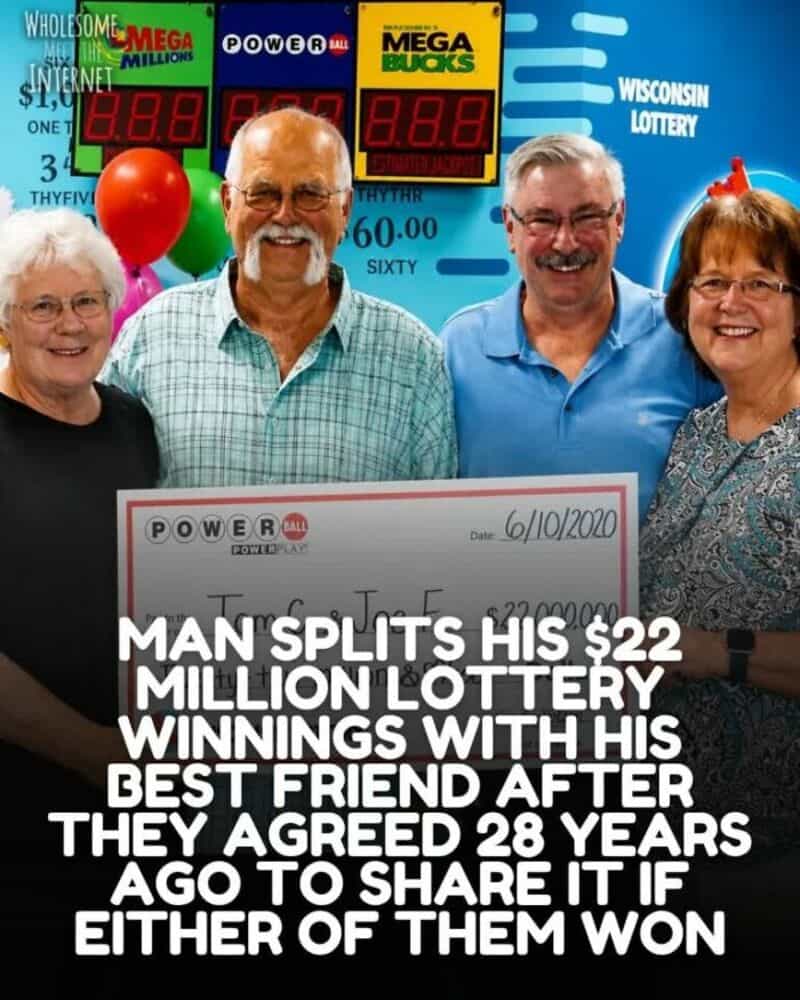 Four smiling people holding a large lottery check, celebrating a win.