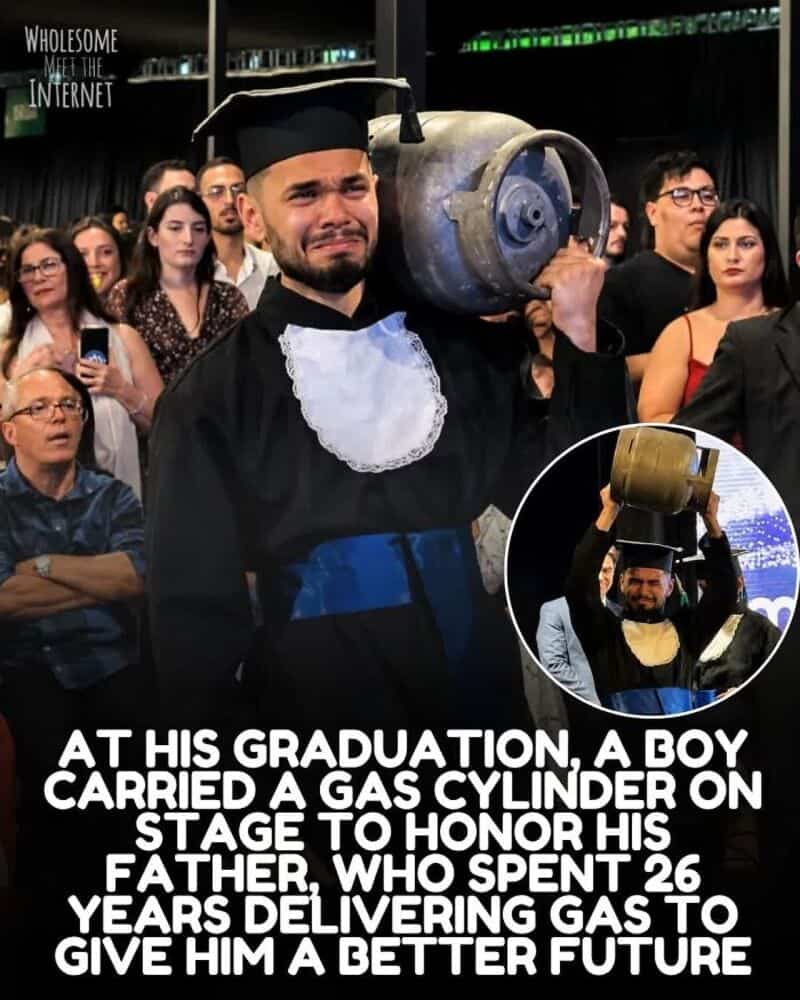 Graduation scene with boy carrying a gas cylinder on stage to honor his father.
