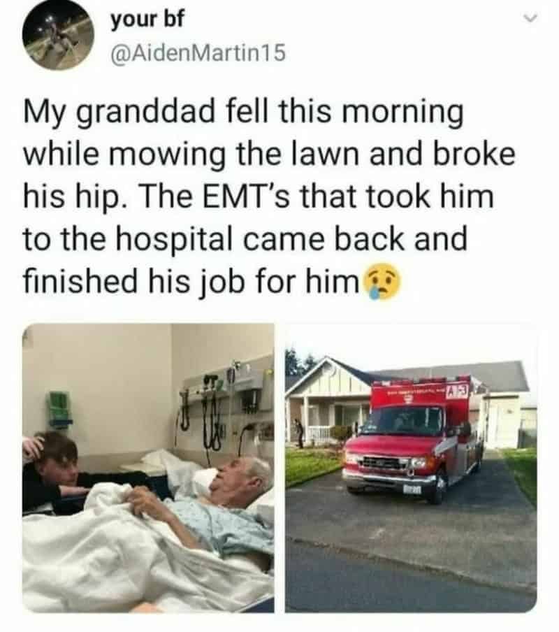 Grandfather in hospital bed with grandson, ambulance outside house.