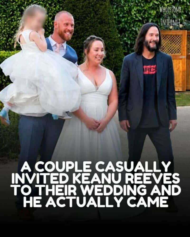 A couple at a wedding with a girl in a white dress and a man in a suit.