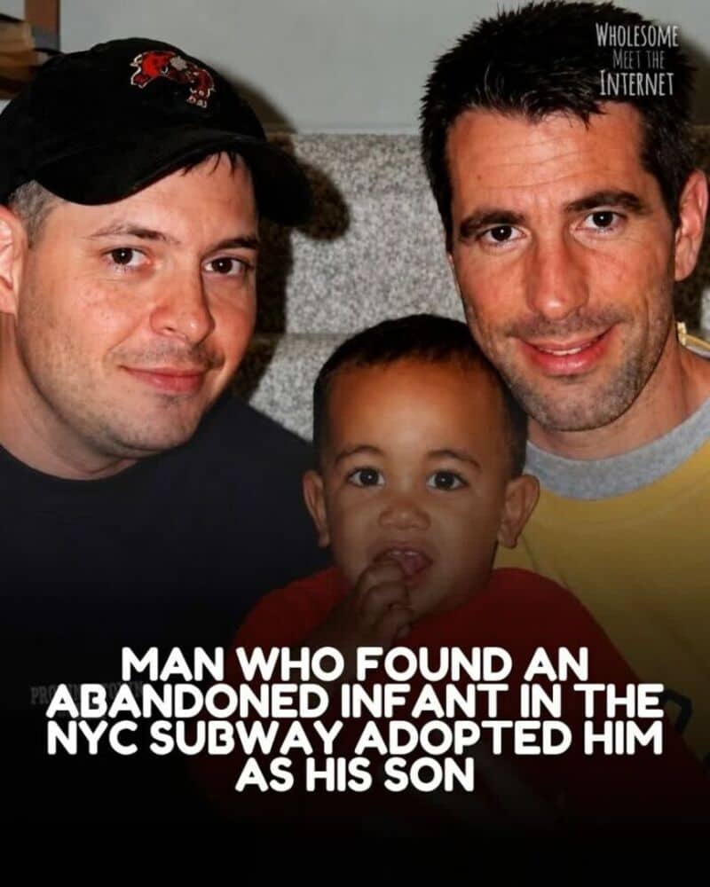 Two men and a young boy, with a caption about adoption in NYC subway.