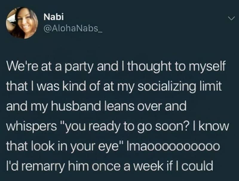 A tweet from Nabi about socializing at a party and her husband leaning over.