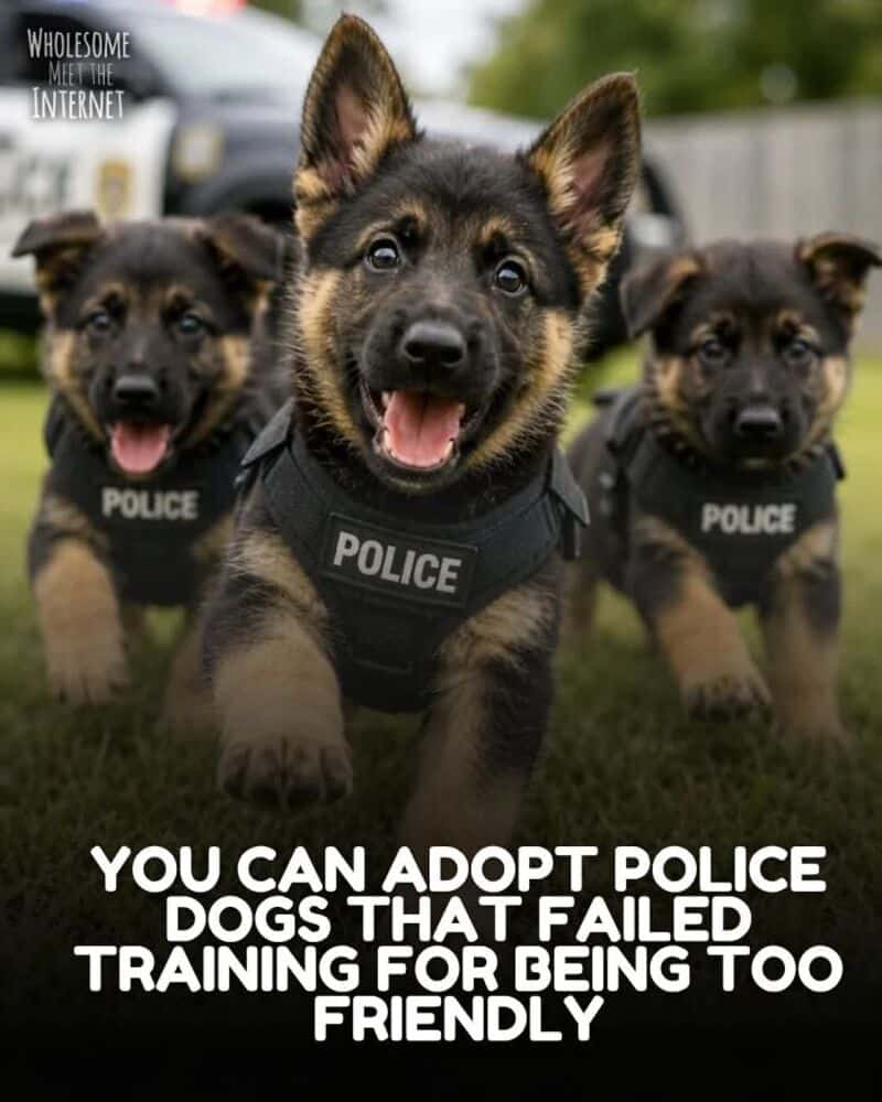 Three adorable police puppies with 'POLICE' vests, smiling in a yard.