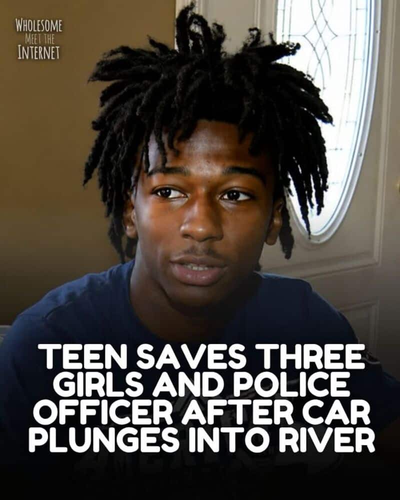 Teen saves three girls and police officer after car plunges into river.